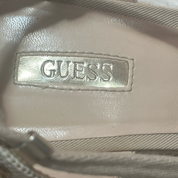 Guess Women’s Eylna2 Open Toe Canvas Wedge Heel, Shoe Size US 10 Gold Lace Natur - Picture 4 of 9